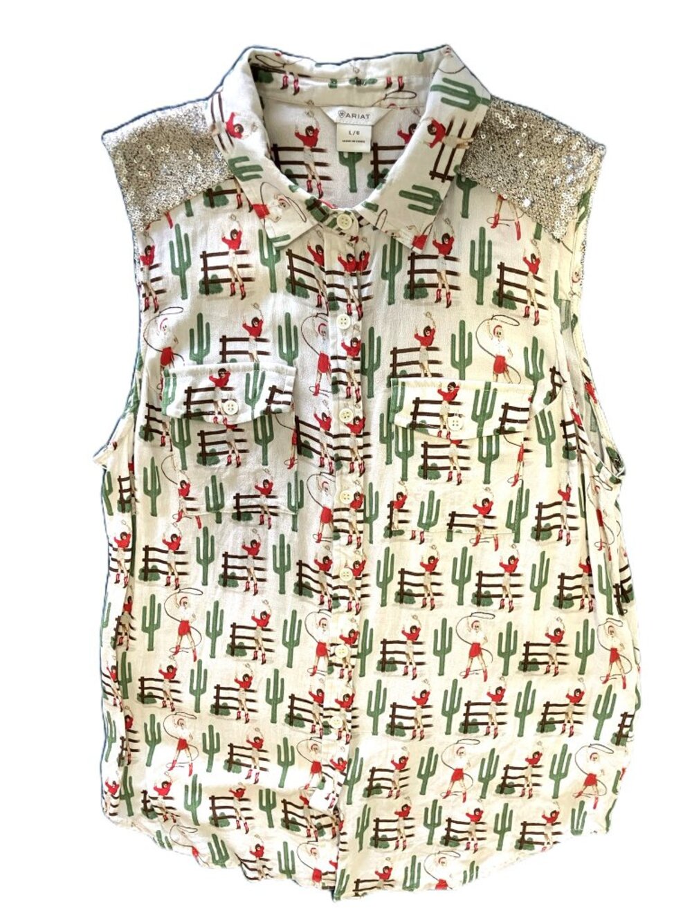 Ariat Sequin Yoke Cowgirl Print Sleeveless Button-Up Shirt Women's Large